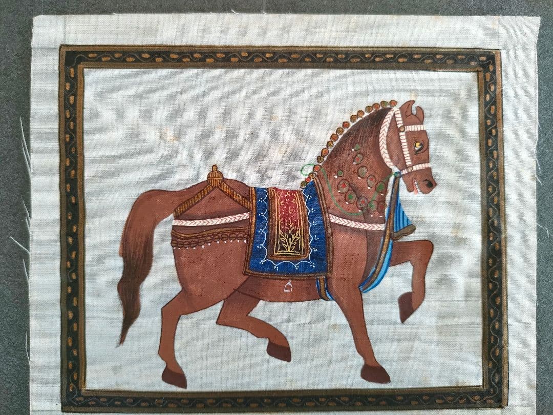 ●インド手描き 細密画 象と馬セット 額装／伝統ラージャスターン画