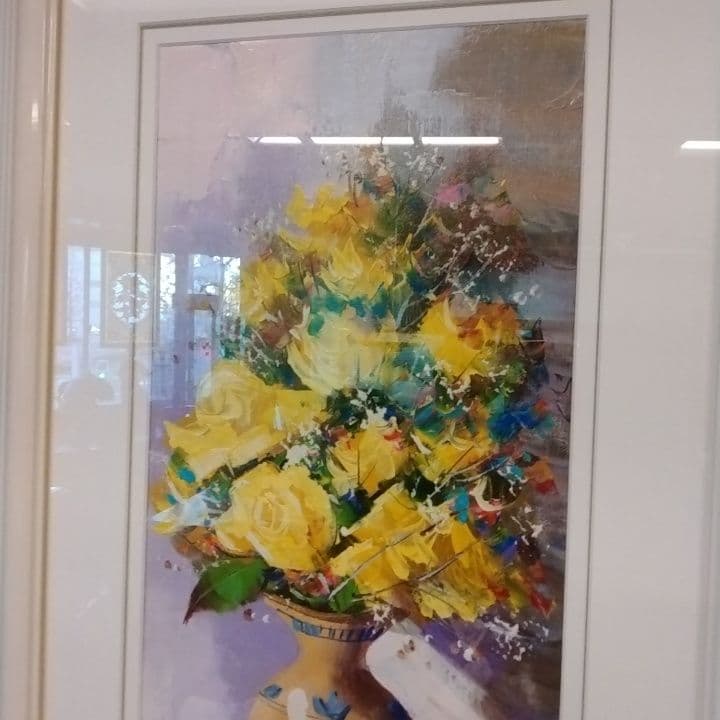 黄色いバラ　薔薇　ローズ　花瓶　油絵