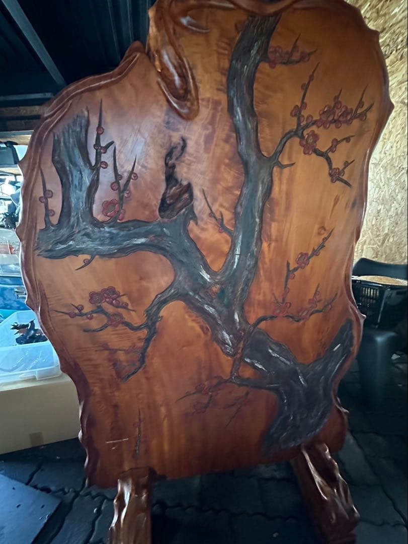 一枚板 衝立 木製彫刻 紅葉 梅の花