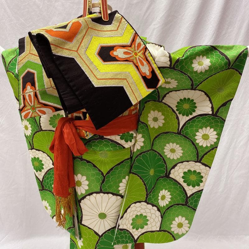 511ag46◎七五三 七歳 女児 着物&袋帯 総柄 金駒刺繍金彩 青海波 緑◎