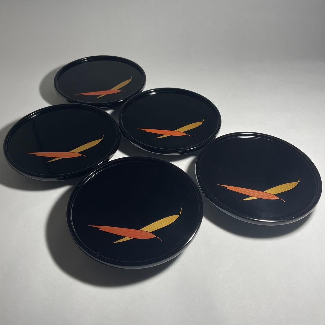 輪島塗 蒔絵笹 黒塗菓子皿五枚揃い【中前典次】作 中前謹製 天然木◆