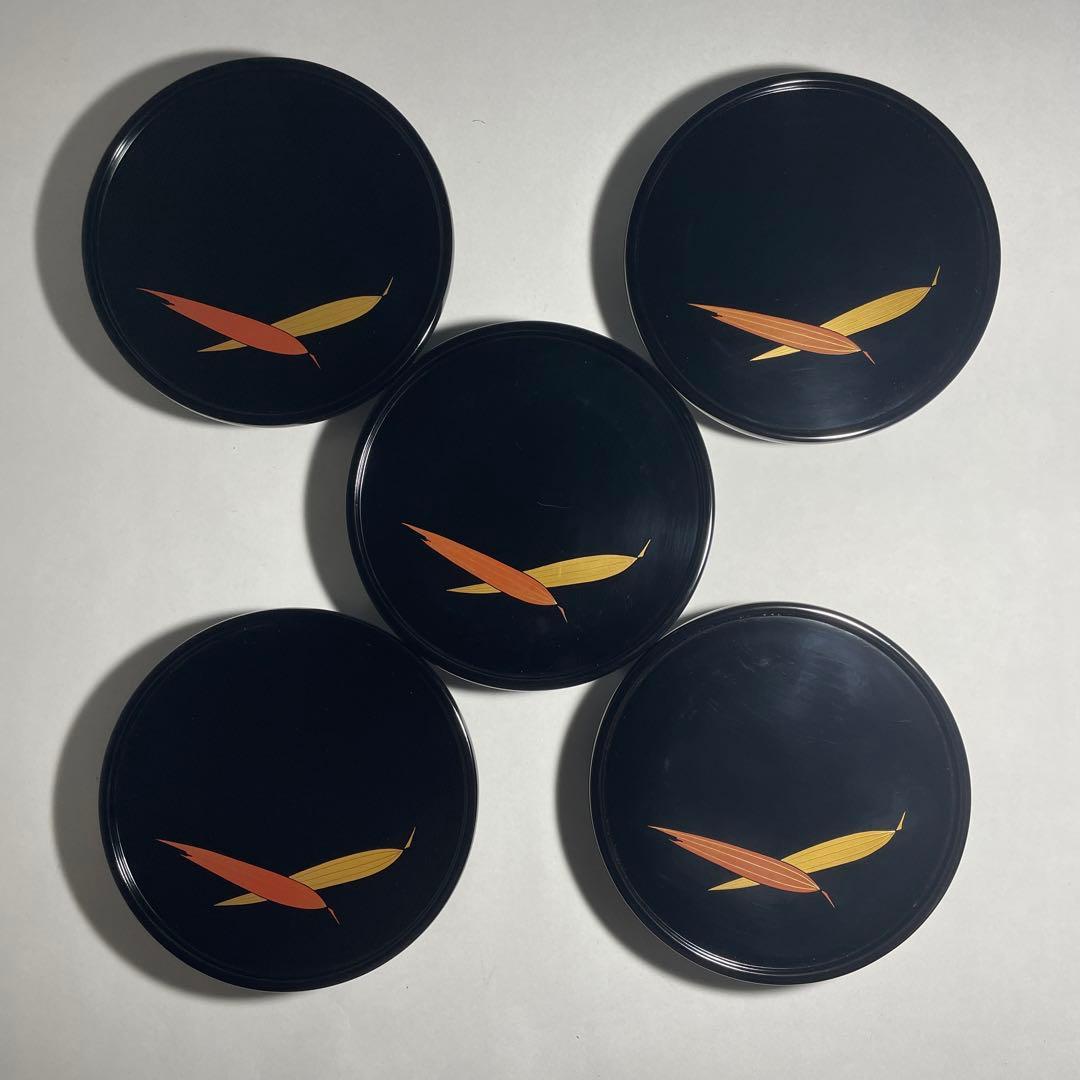 輪島塗 蒔絵笹 黒塗菓子皿五枚揃い【中前典次】作 中前謹製 天然木◆