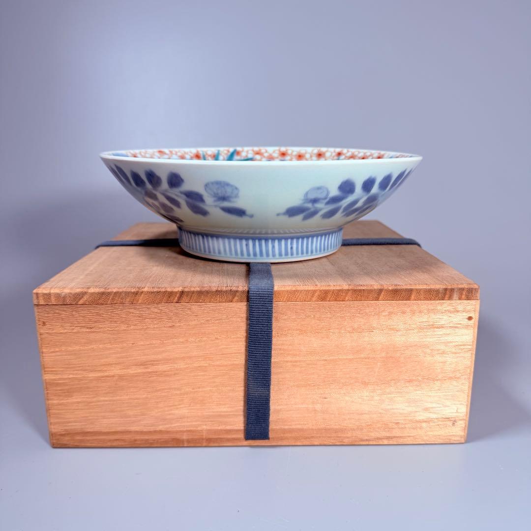 後期鍋島 献上品 色絵宝珠文高台皿 櫛文様高台 共箱 赤絵 桜文様