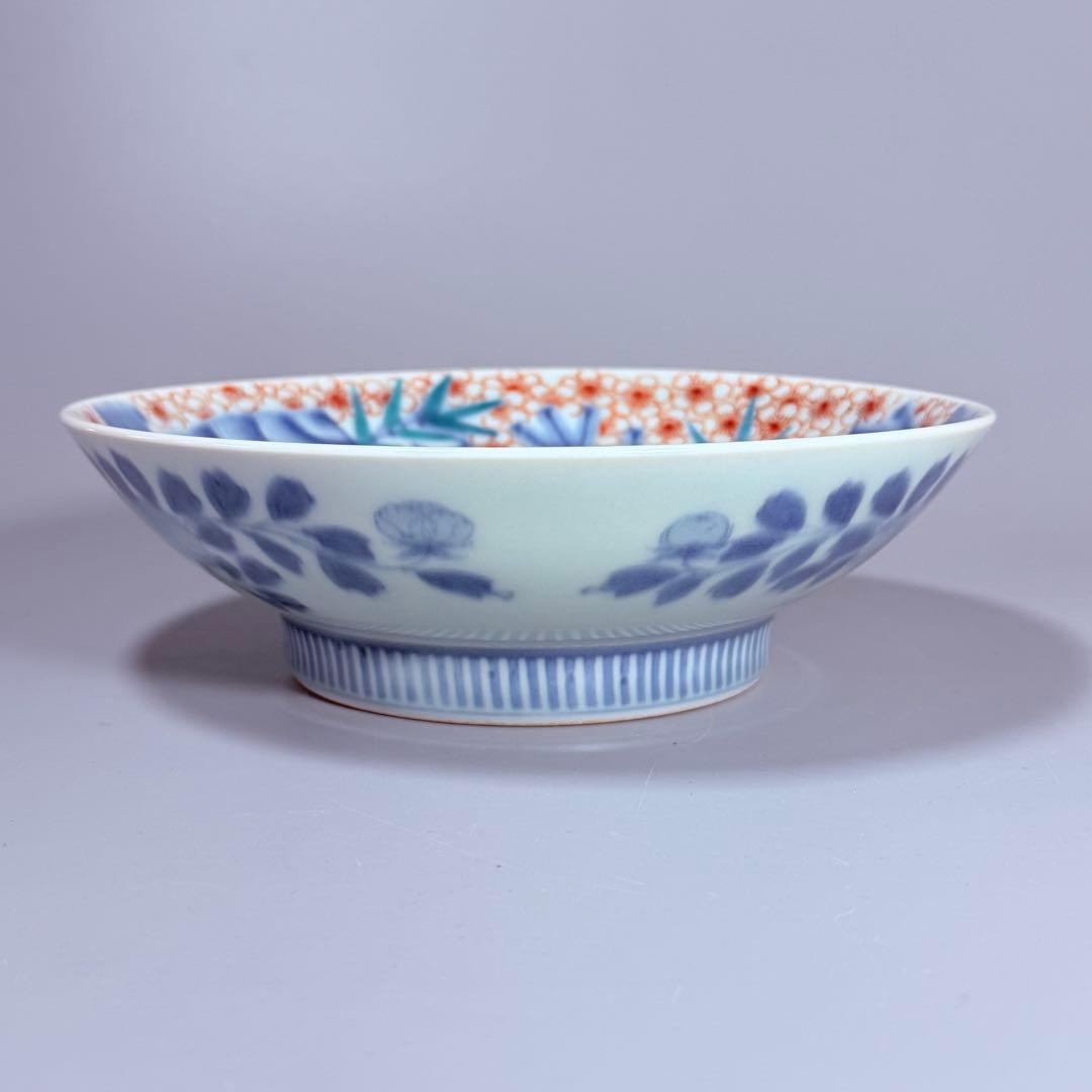 後期鍋島 献上品 色絵宝珠文高台皿 櫛文様高台 共箱 赤絵 桜文様