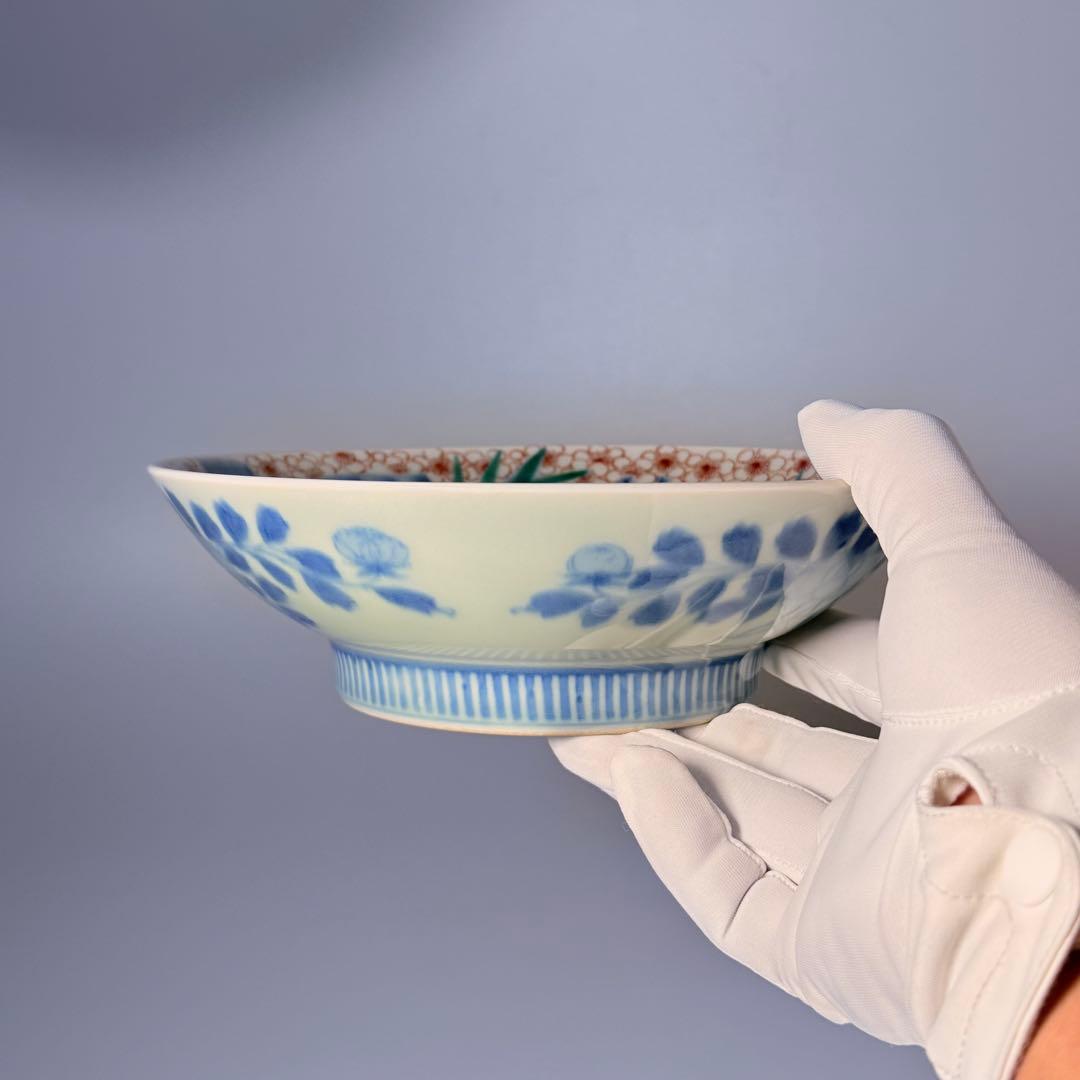 後期鍋島 献上品 色絵宝珠文高台皿 櫛文様高台 共箱 赤絵 桜文様