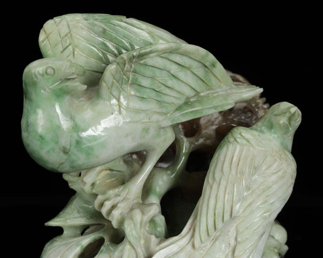 中国古玩 翡翠 玉石 鳥葡萄彫刻 960g 置物 唐物 細密彫刻 天然石