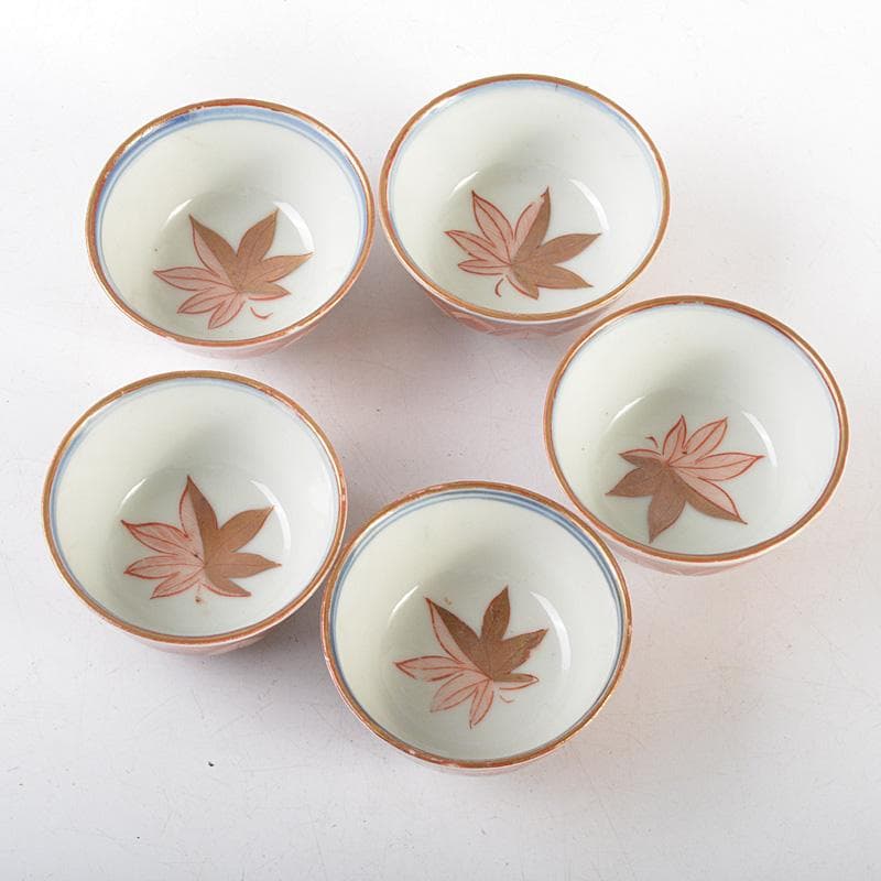 煎茶道具　九谷焼　古九谷　赤絵金彩　椛文　煎茶器　五客　時代箱付　V　R6018