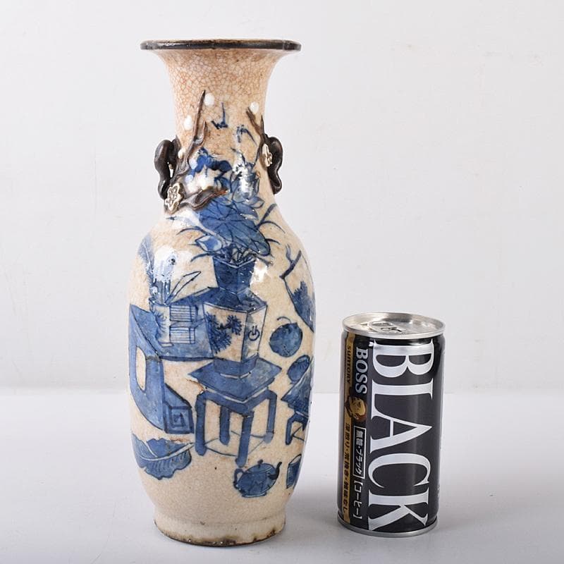 中国 成化年製 青花 花瓶文 貼梅双耳瓶 D R7889