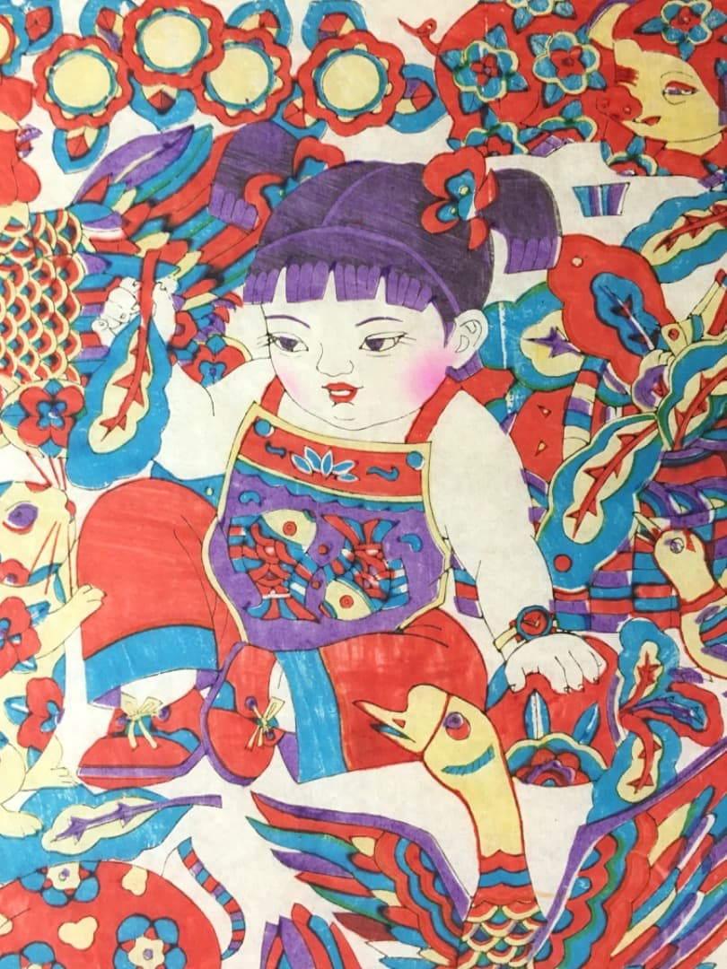 縁起物】動物と少女の色鮮やかな版画 版画 中国 年画 春節 節句 旧正月
