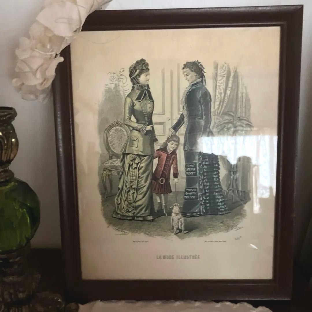フランス アンティーク 木製ファッションイラスト付きフレーム額