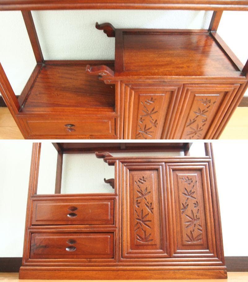 良品】花梨 無垢 小型茶棚/違い棚/飾り棚/収納棚 笹文/透かし彫り 唐木家具