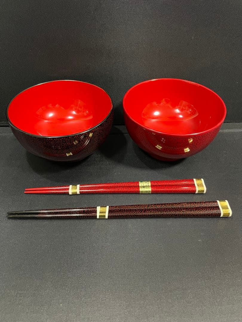 津軽塗　七々子塗　うるし塗 夫婦椀＆夫婦箸セット 天然木　【未使用品】