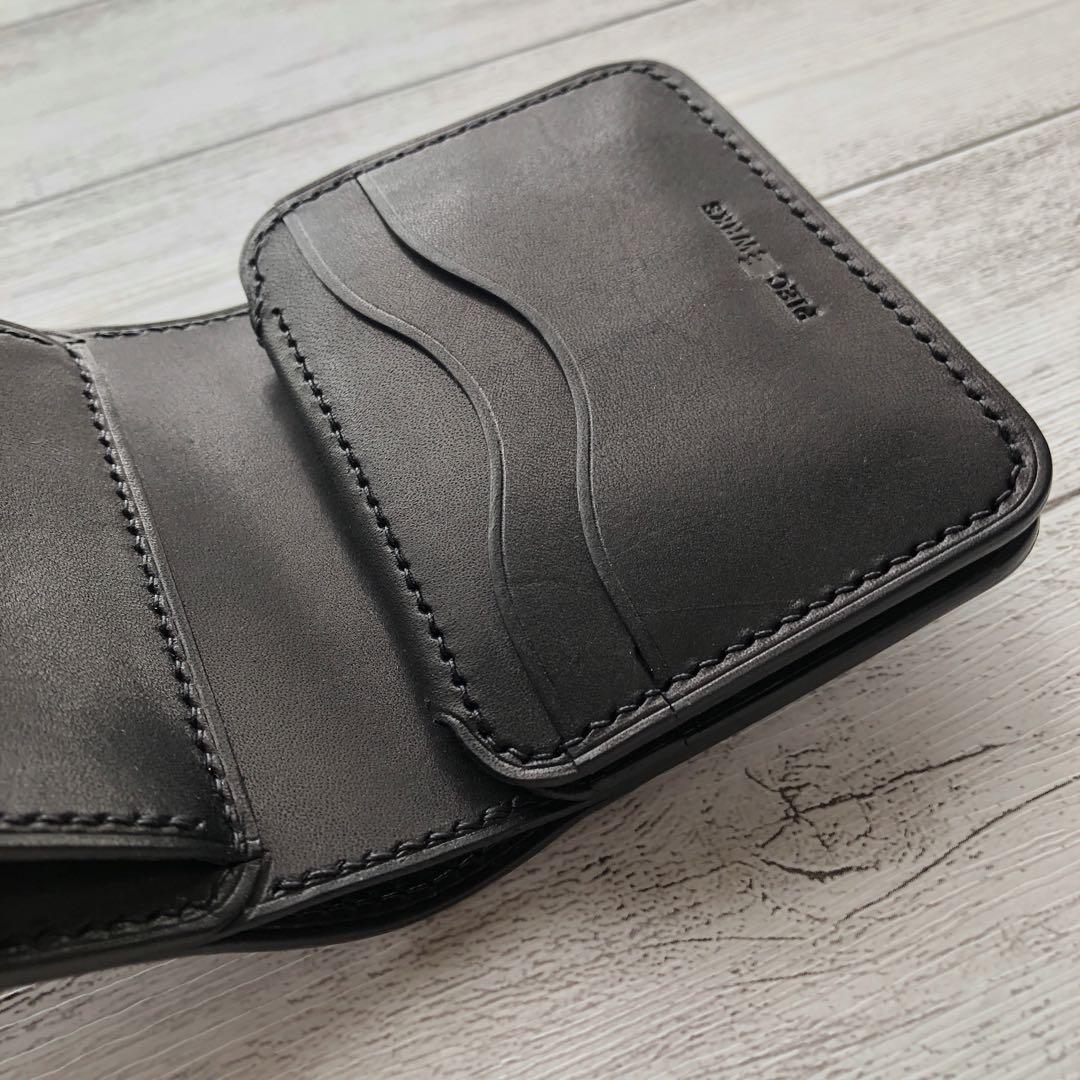 新喜皮革コードバン×サドルレザー 三つ折りミニウォレット 総手縫い ブラック