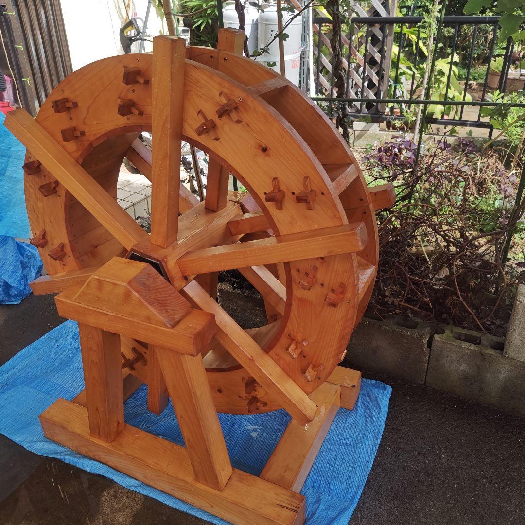 手作り 木製水車 手作り 木製水車 庭園 和風 オブジェ 置物 90㌢