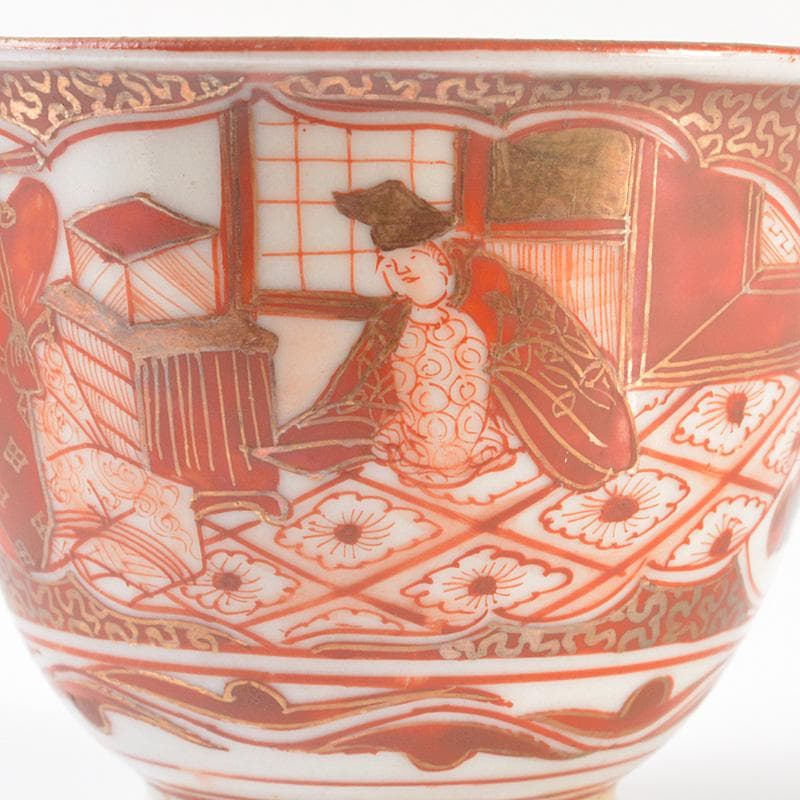 九谷焼 古九谷 九谷造 赤絵金彩 山水人物文 酒盃 ぐい呑 5客 V R6502