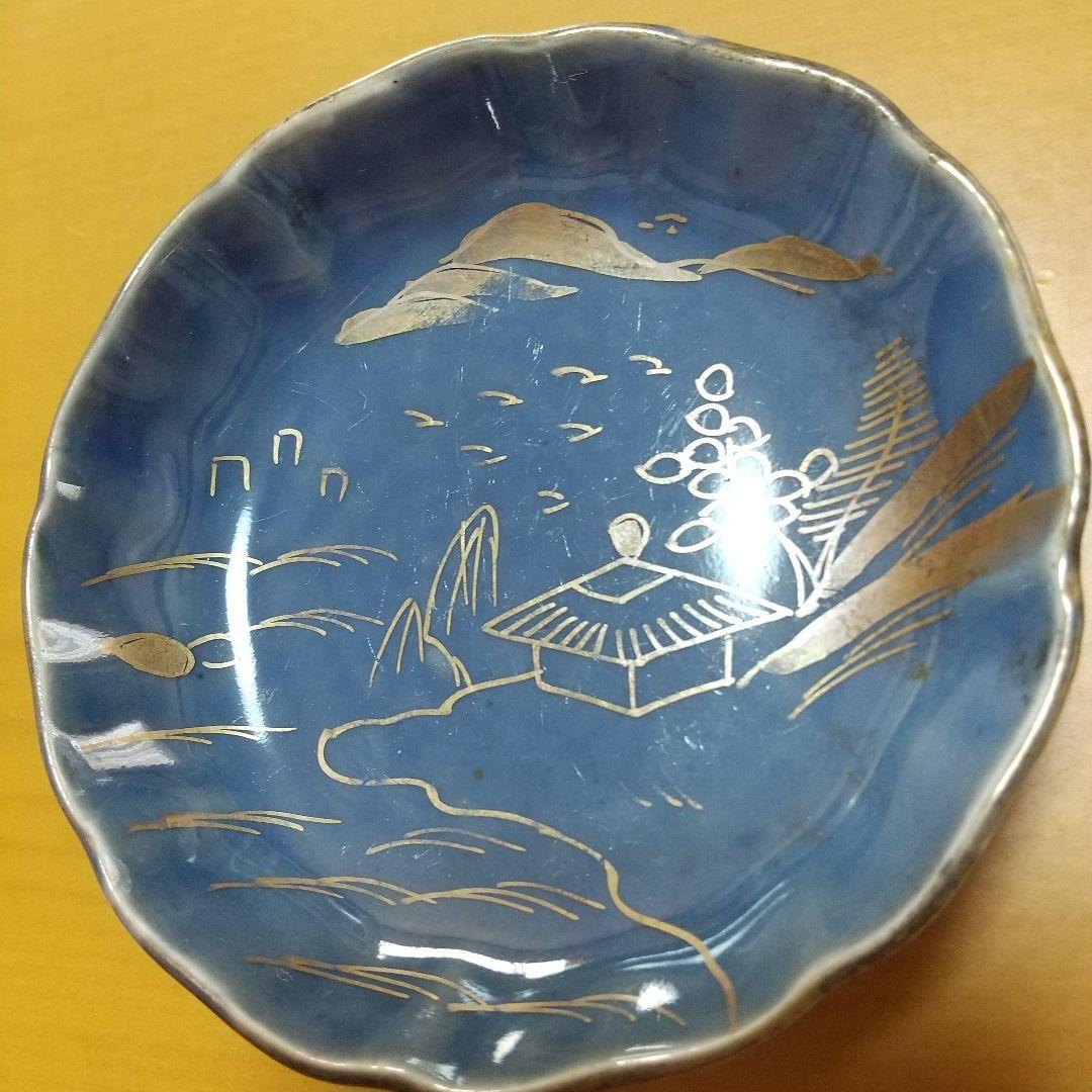古伊万里 瑠璃釉金彩 山水画紋様 豆皿 4 客