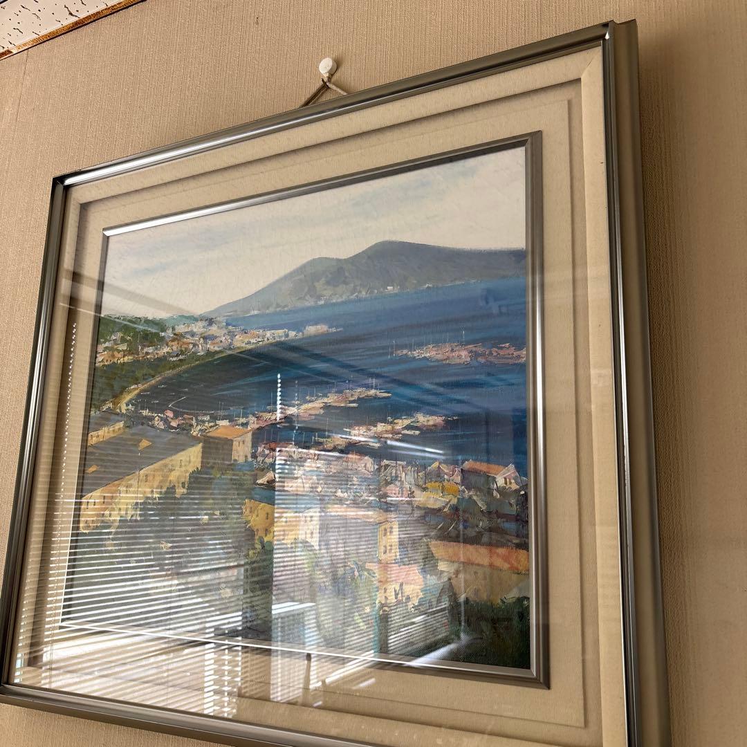油彩画 海と山の風景 シルバーフレーム