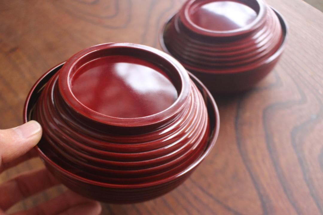 デッドストック！深みある糸目紅溜塗に極上稲穂福来雀蒔絵のお椀2点（検輪島塗雑煮椀