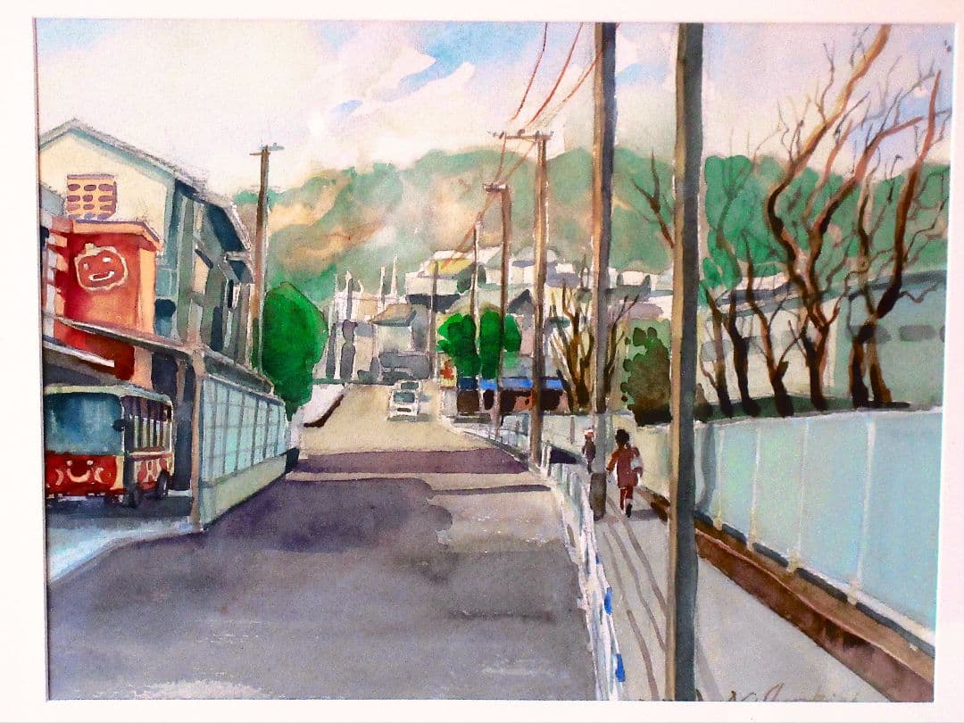 水彩画 街の風景 F6サイズ 額縁付き