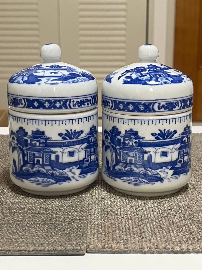 中国景德鎮 磁器 水っぽい風景画 蓋付 茶セット湯呑 ブルーチャイナ 2