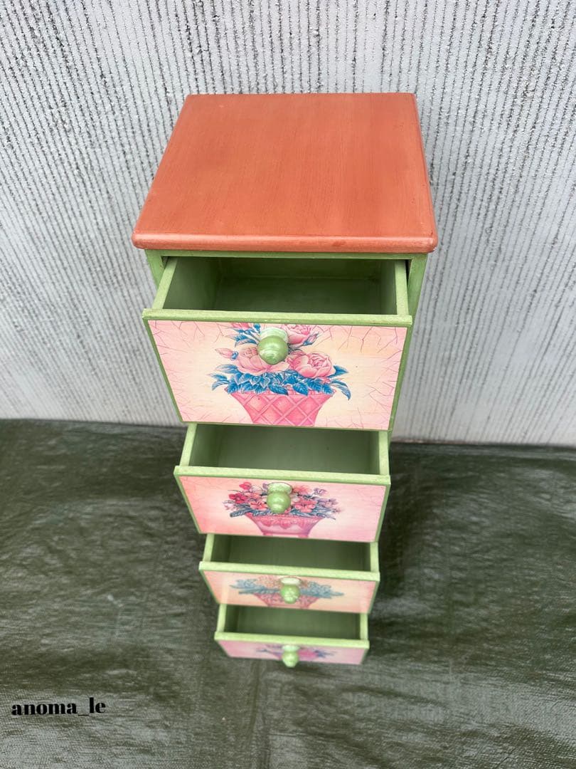 5005【チェスト】木製 花柄 トールペイント 収納 花台 アンティーク◎