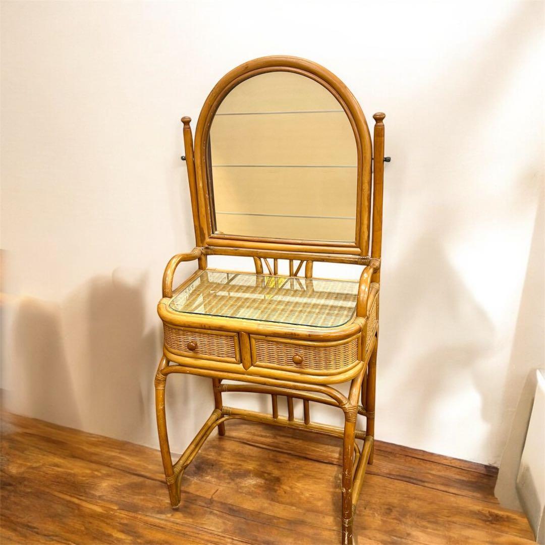 レトロ ヴィンテージ ラタンの化粧台 ドレッサー ラタン ミラー