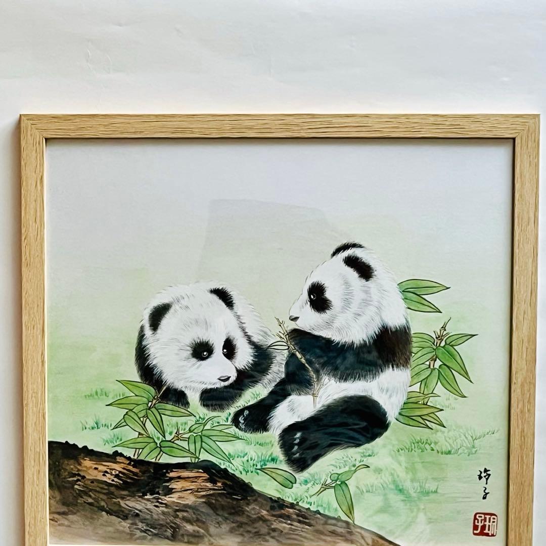 肉筆水墨画 細筆画「パンダの絵」美術品 シャンシャン レイレイ 上野