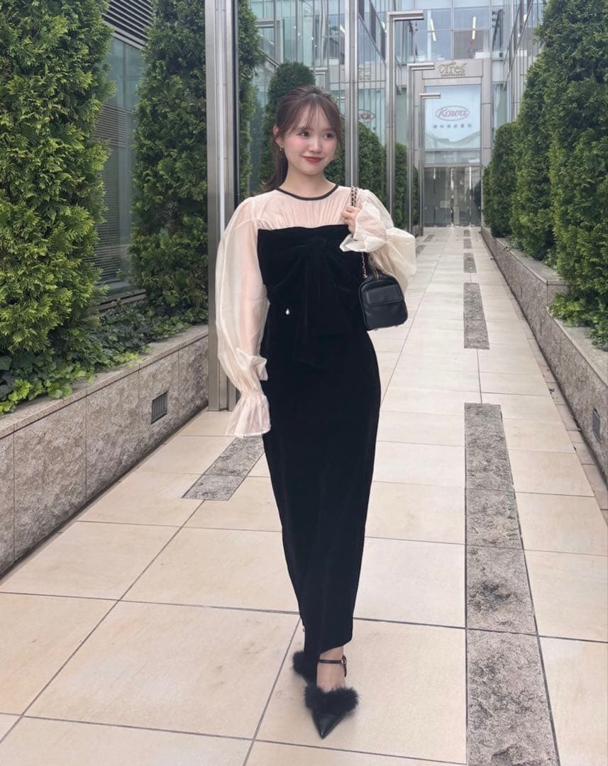 配色シアーリボンベロアワンピース/オケージョン