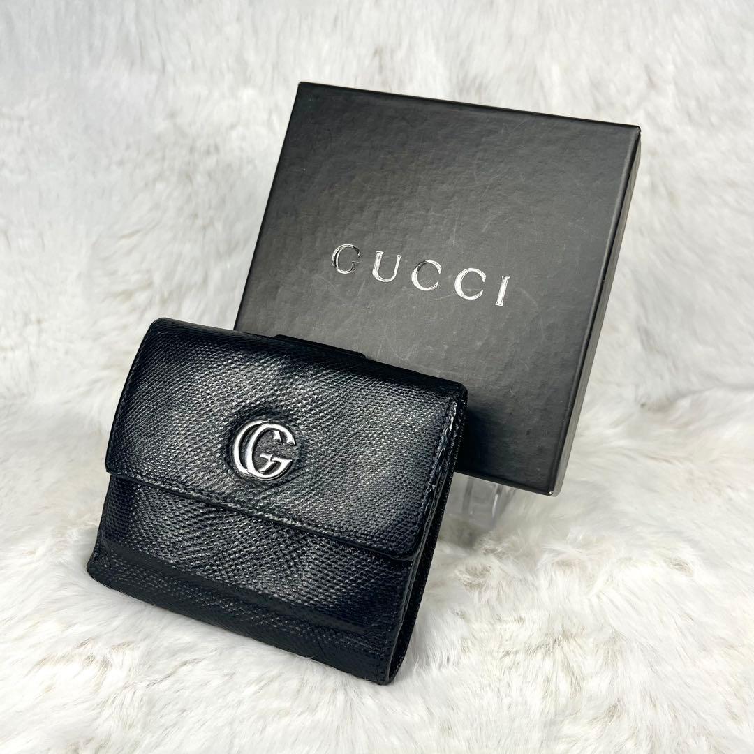 美品】GUCCI ブラックレザー 三つ折り財布 - メルカリ