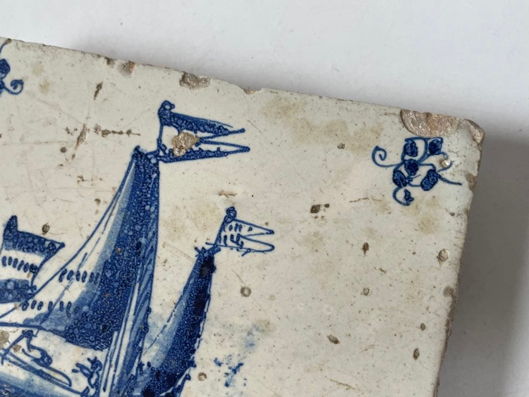 骨董 アンティーク デルフトタイル 船文様 帆船 染付 17世紀 オランダ
