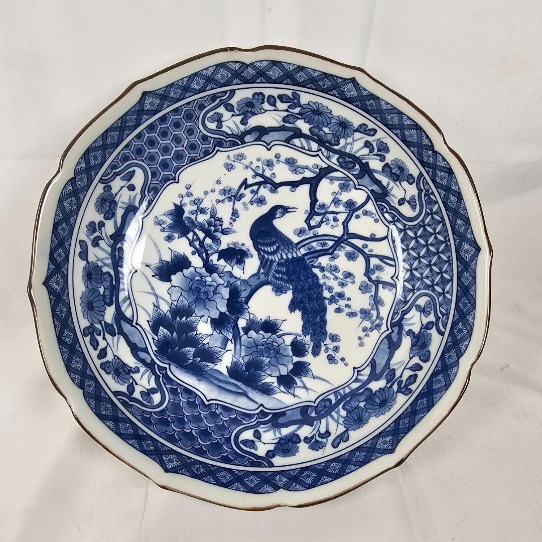 C*様 【レトロ】有田焼 玄昌窯 染付孔雀紋様皿 中皿 青い鳥と花模様の