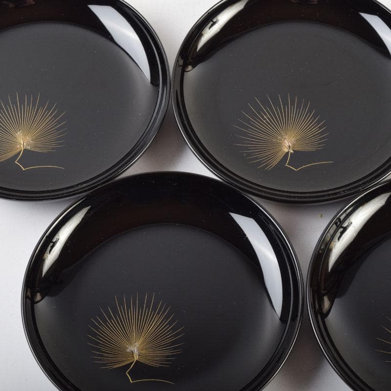 輪島塗　大向高洲堂　黒漆　飛松沈金　銘々皿　五客　共箱　N　8969