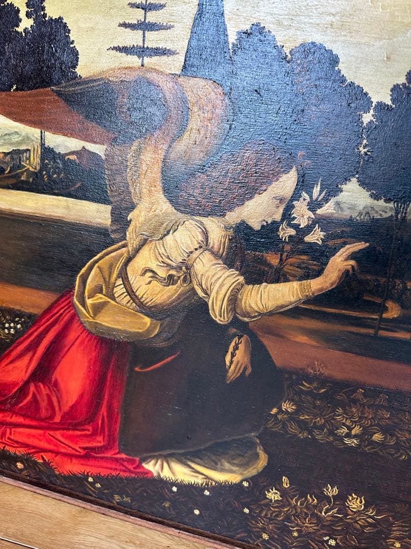 木板に油彩画 大判 木製フレーム付 名 受胎告知 模写 1976年