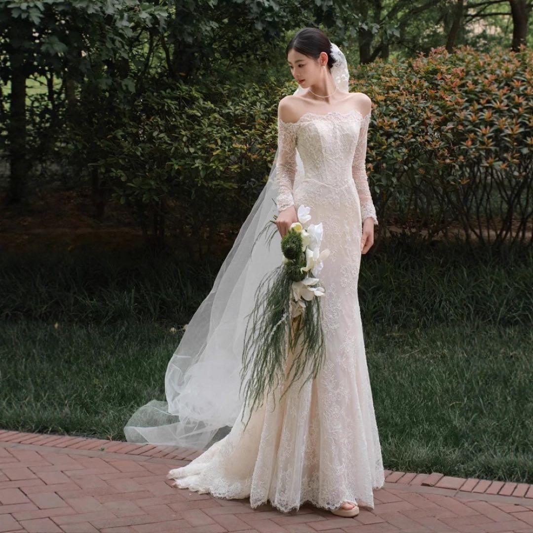 ❤️前撮りに❤️レース長袖 マーメイド風 ウェディングドレス トレーン付 M