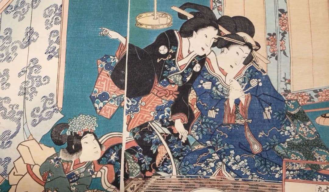 浮世絵版画、見立源氏琴碁書画之内遠音のあはせもの三枚綴り、三代豊国画元治元年出版