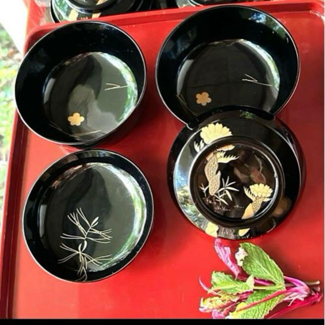 感謝お嫁入り‼️明治39JAPAN蒔絵 福寿草&梅と松葉真塗り上黒椀 吸物椀5