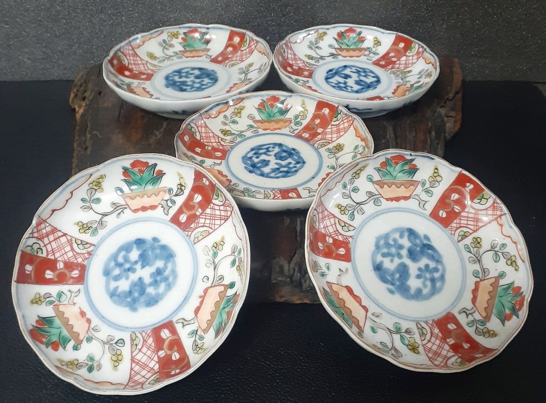 幕末～明治期 角冨 色絵扇絵変形皿 五客 裏千鳥文 金襴 江戸時代末期