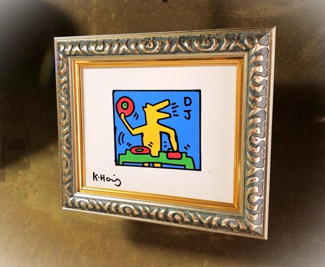 キース・へリング『DJ』】 肉筆油彩 キャンバスF3 額装