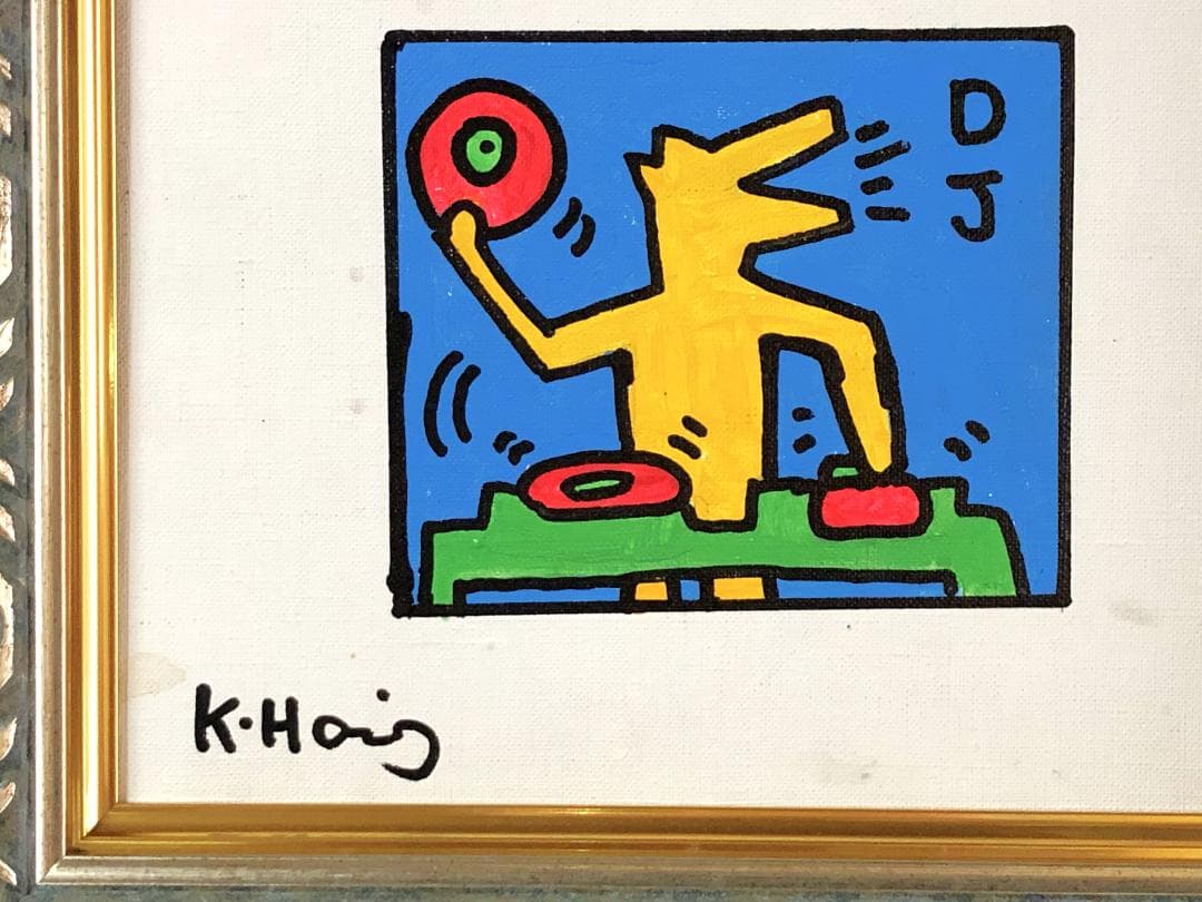 キース・へリング『DJ』】 肉筆油彩 キャンバスF3 額装