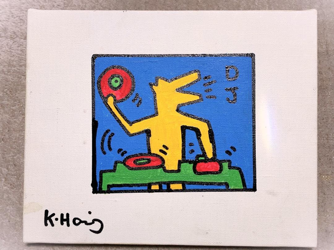 キース・へリング『DJ』】 肉筆油彩 キャンバスF3 額装