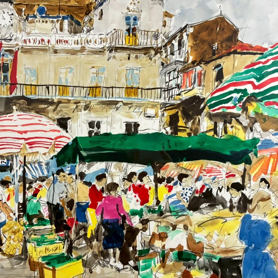 児玉幸雄「レオンの朝市」リトグラフ 児玉純子直筆サイン有 額縁入り