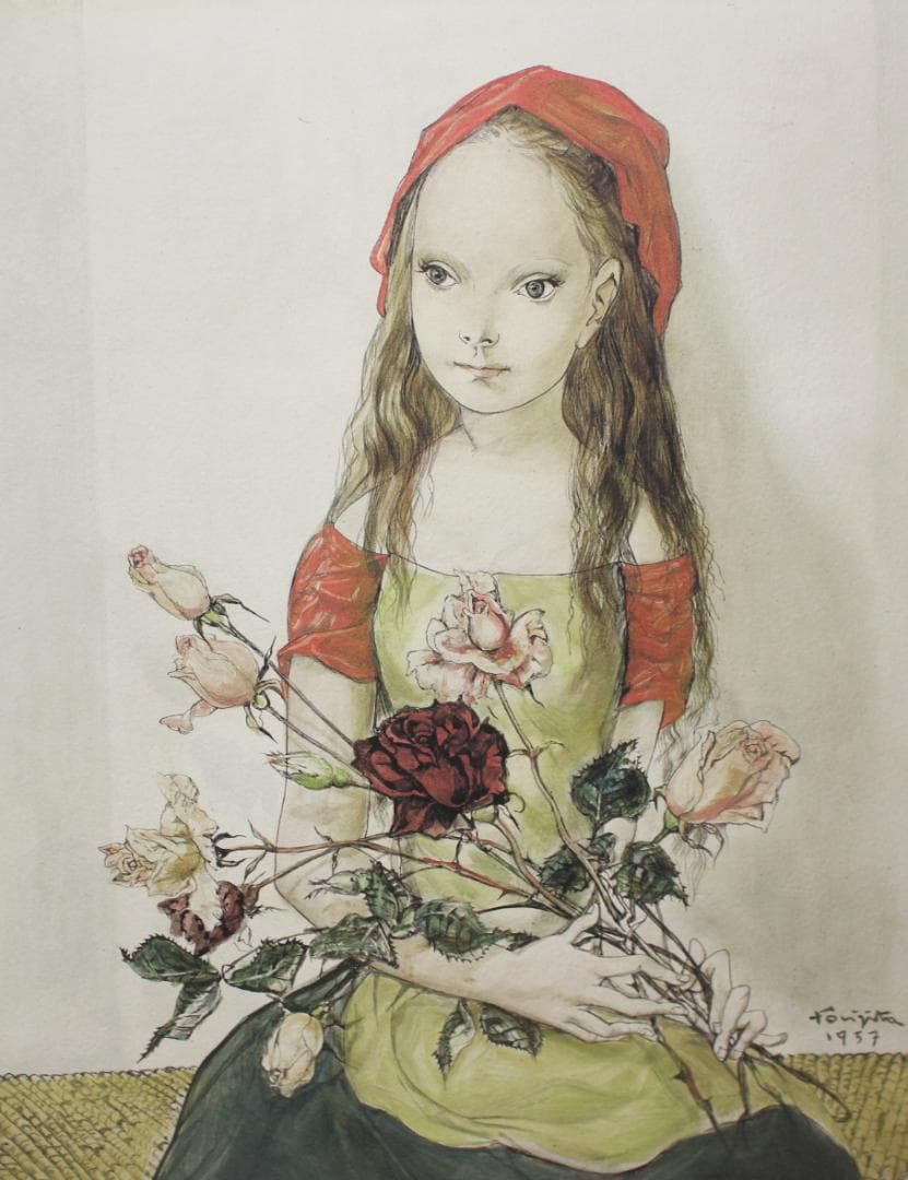 藤田嗣治 エスタンプリトグラフ「バラと少女」 6/75 - メルカリ