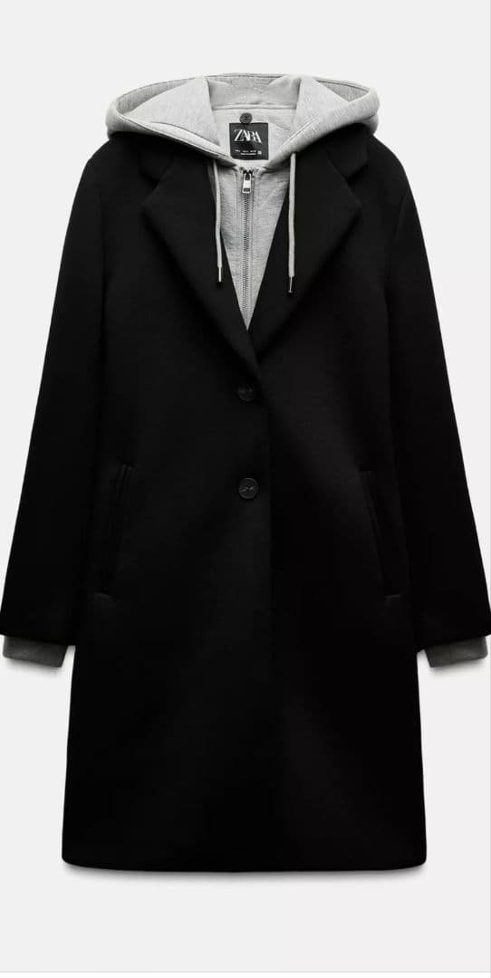 ZARA 黒 コンビネーションフード付きコート ZARA 黒 コンビネーションフード付きコート ZARA 黒 コンビネーション