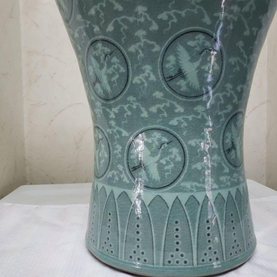 Bフライデー蔵出し特価 青磁 鶴模様 陶器 花瓶 作家物海剛作桐箱