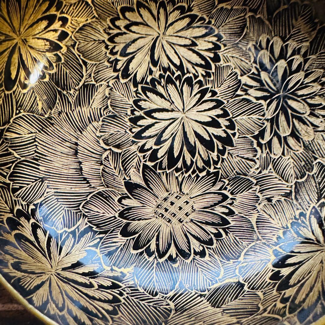 骨董品　沈金　黒漆塗り椀　蝶菊文様1客　正月　吸物椀二客セット