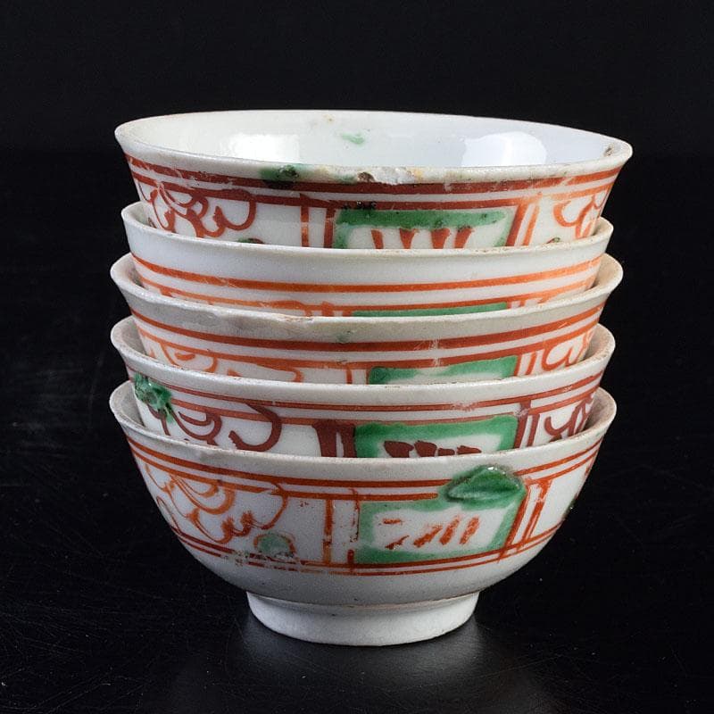 中国 古渡 赤絵呉須 花草文 煎茶碗 五客 時代箱 V R9530