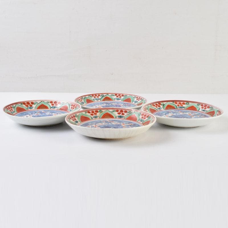 中国 赤絵 花鳥神獣文 小皿 四客 C 9087 美術品・アンティーク