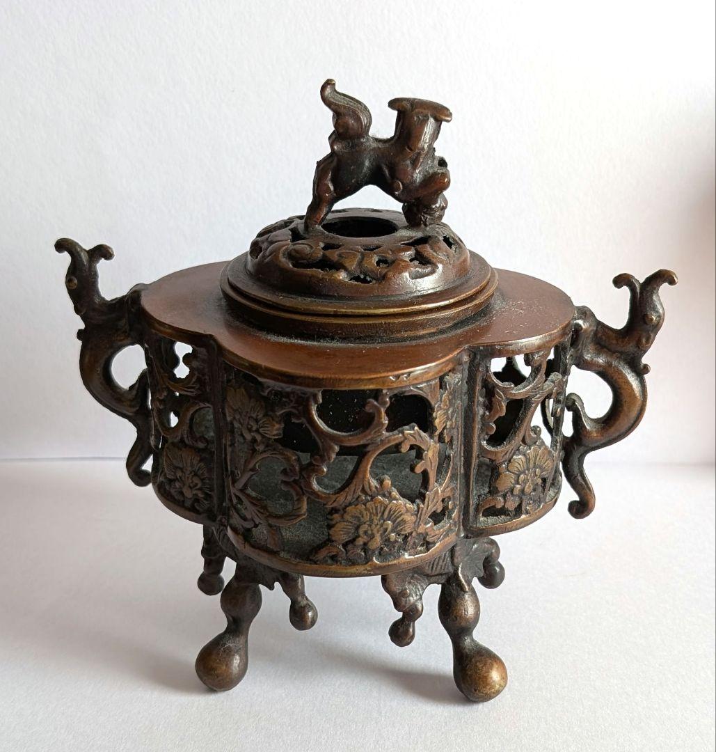 銅製 香炉 ・ 獅子蓋付き香炉 ・大明宣徳年製 刻印有 銅製 香炉 ・ 獅子