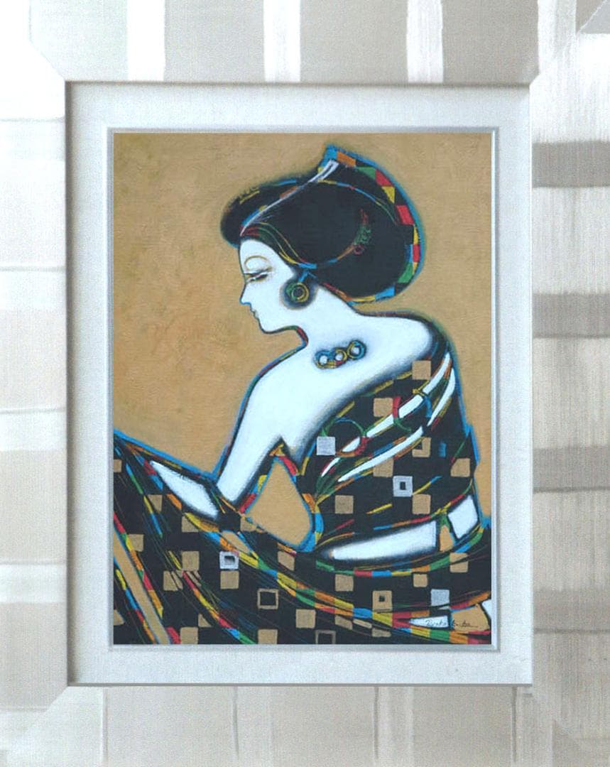 油絵 菅家令子 絵 絵画インテリア額付(青緑＋金色の枠)uF6-010311女性