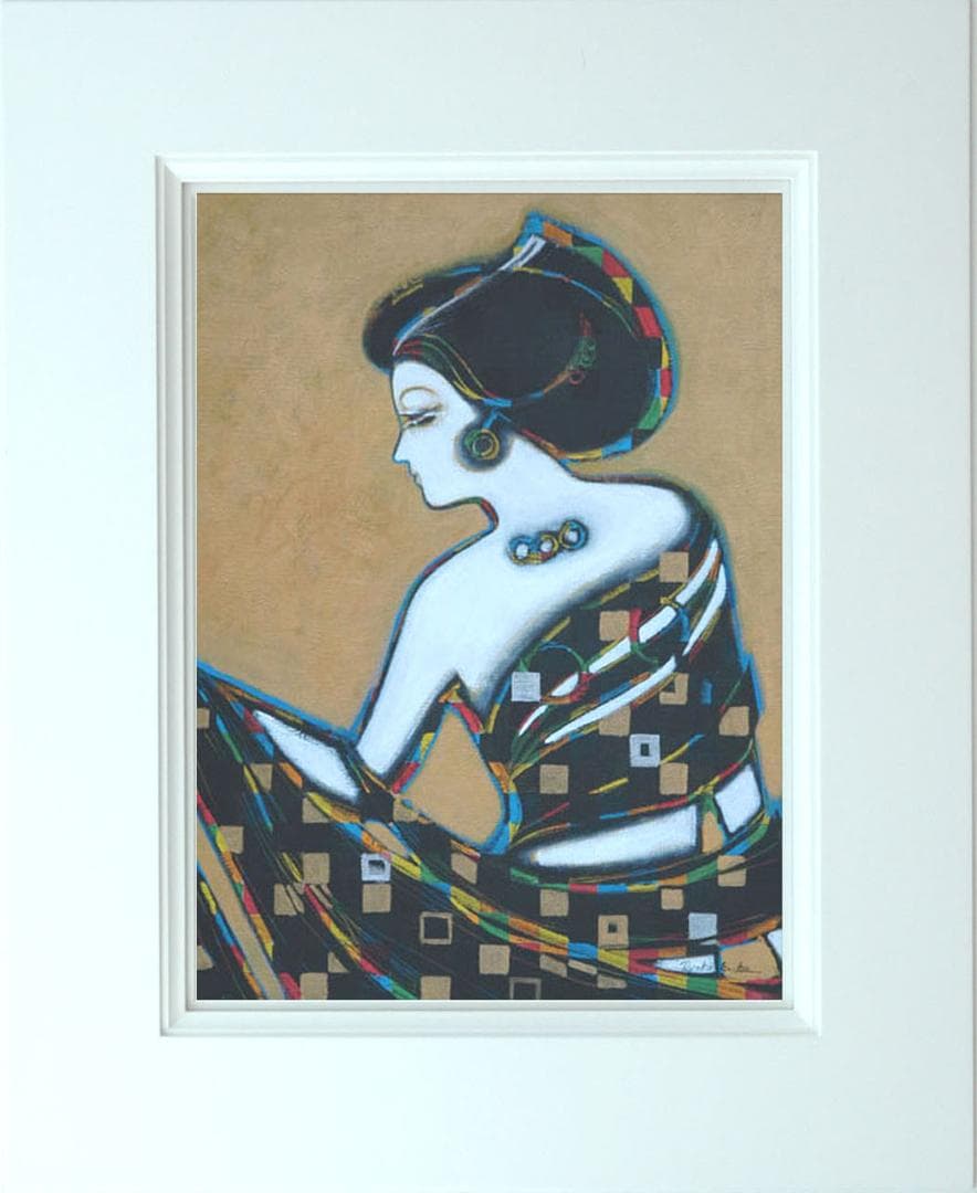 油絵 菅家令子 絵 絵画インテリア額付(青緑＋金色の枠)uF6-010311女性